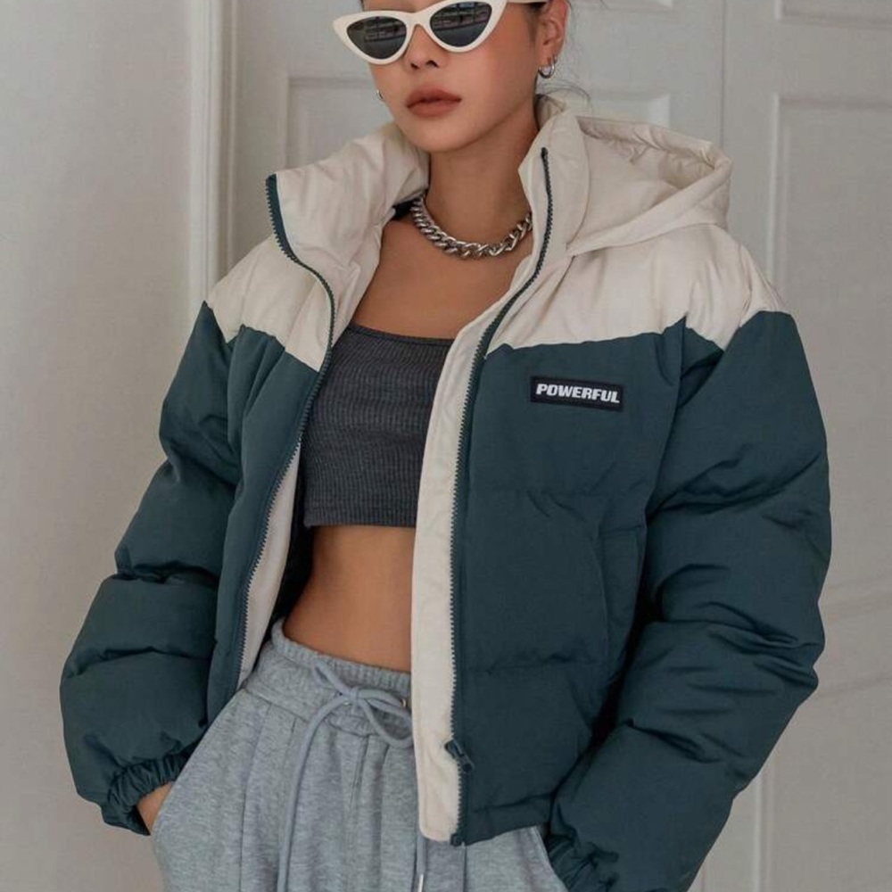 SHEIN day two letter patched detail drop shoulder hooded puffer thick coat